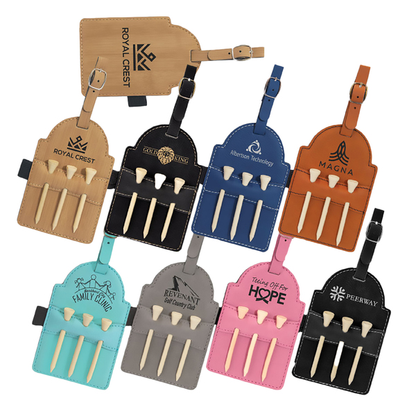 Leatherette Golf Bag Tag with 3 Wooden Tees